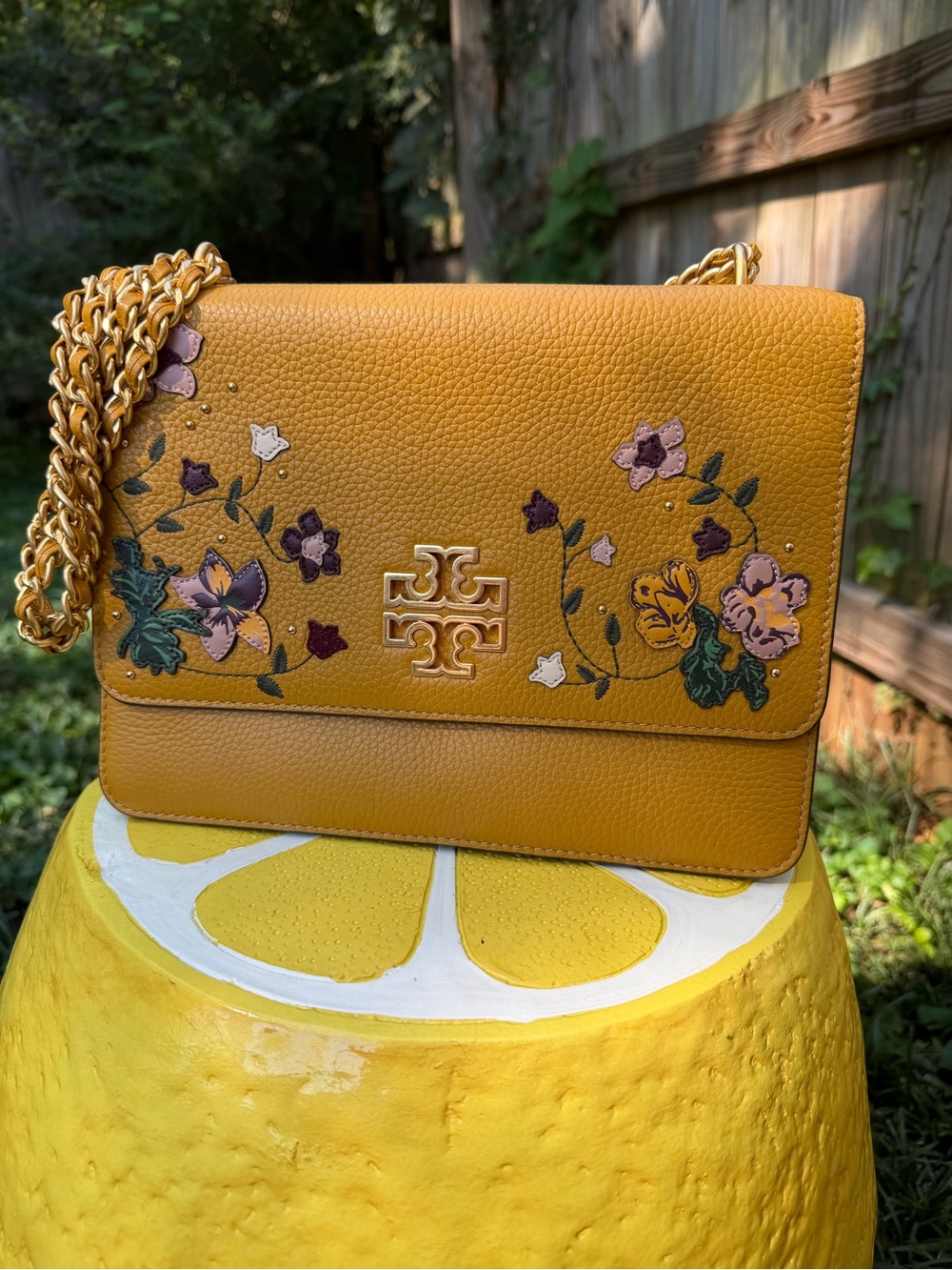 Tory Burch Mustard Yellow Leather Floral Chain Shoulder Bag
